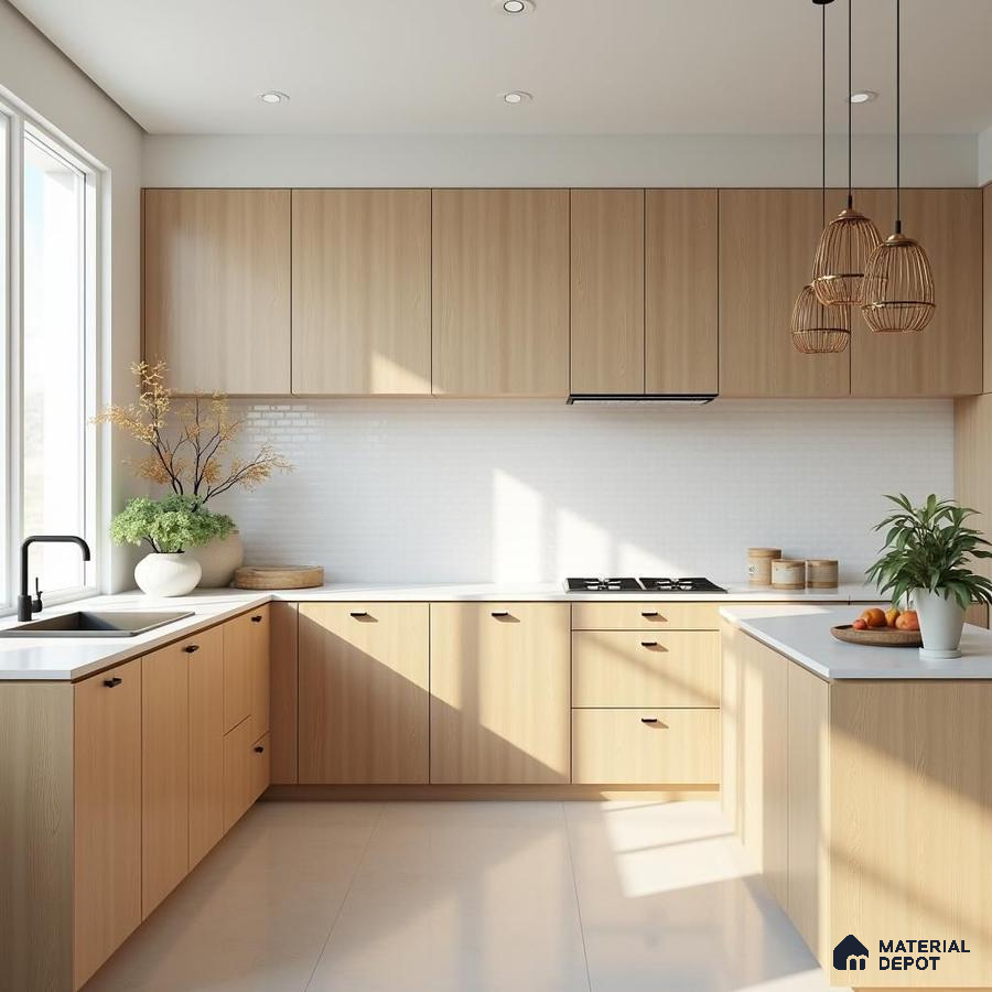 Scandinavian kitchen with light oak wood laminate cabinets and white subway tile backsplash in Bengaluru | Material Depot