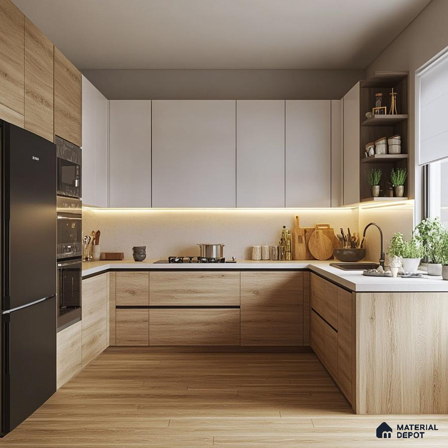 Scandinavian kitchen with light oak wood laminate, frosty white laminate, and white quartz countertop in Bengaluru | Material Depot