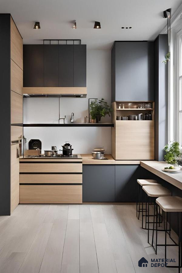 Scandinavian kitchen with matte charcoal and light oak laminate, minimalist design, and pale wood flooring in Bengaluru | Material Depot