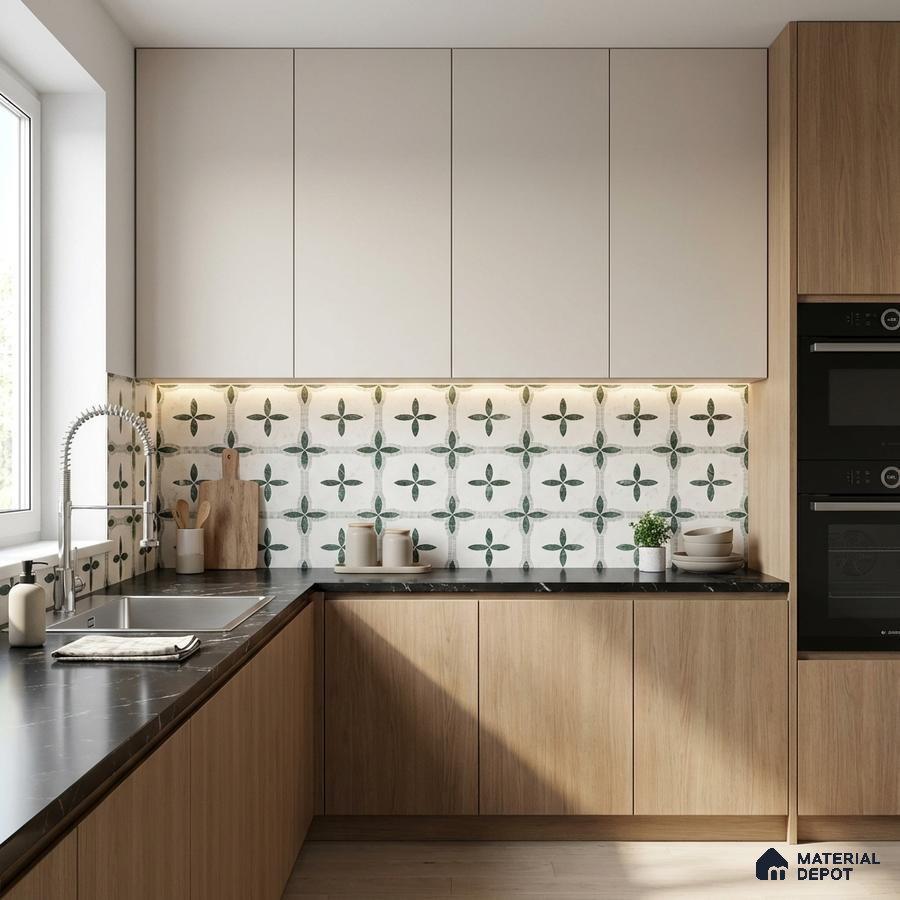 Scandinavian kitchen with oak wood laminate, black marble countertop, and green floral patterned backsplash tile