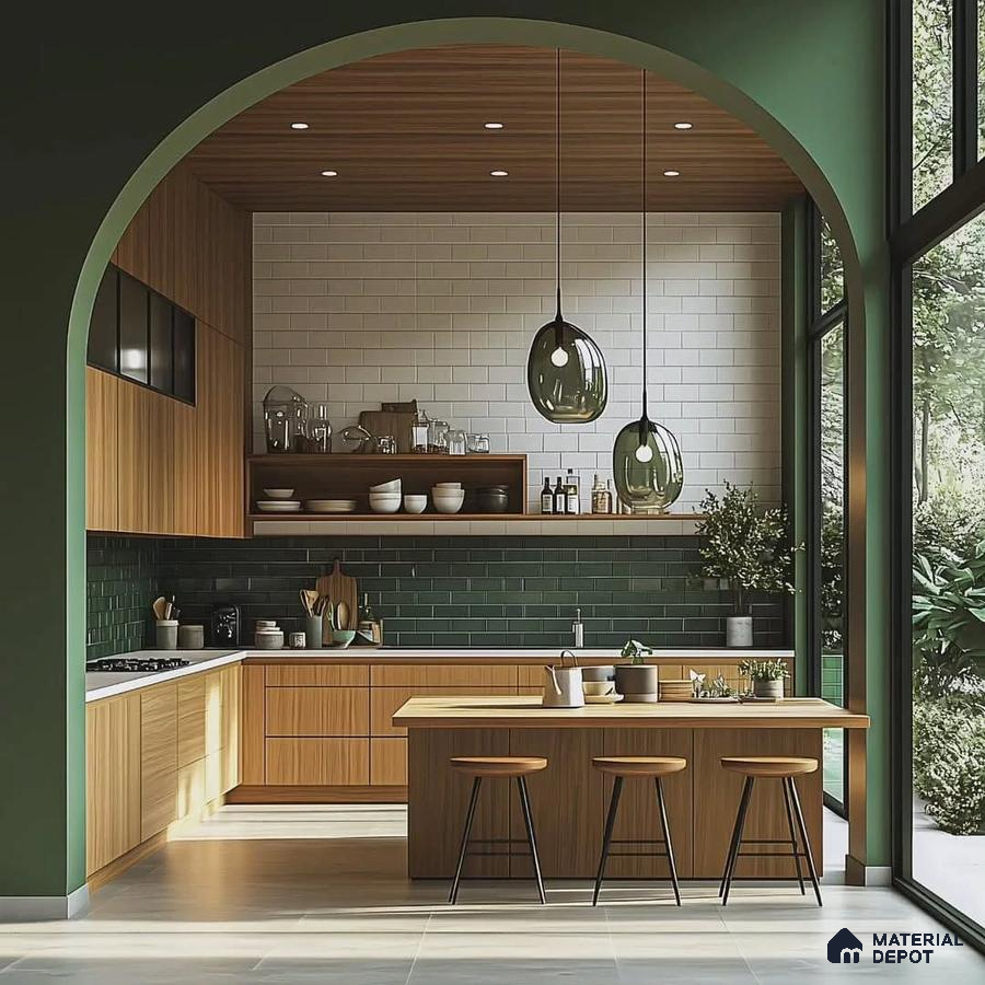 Scandinavian kitchen with oak wood laminate, green subway tile backsplash, and white quartz countertop in Bengaluru | Material Depot