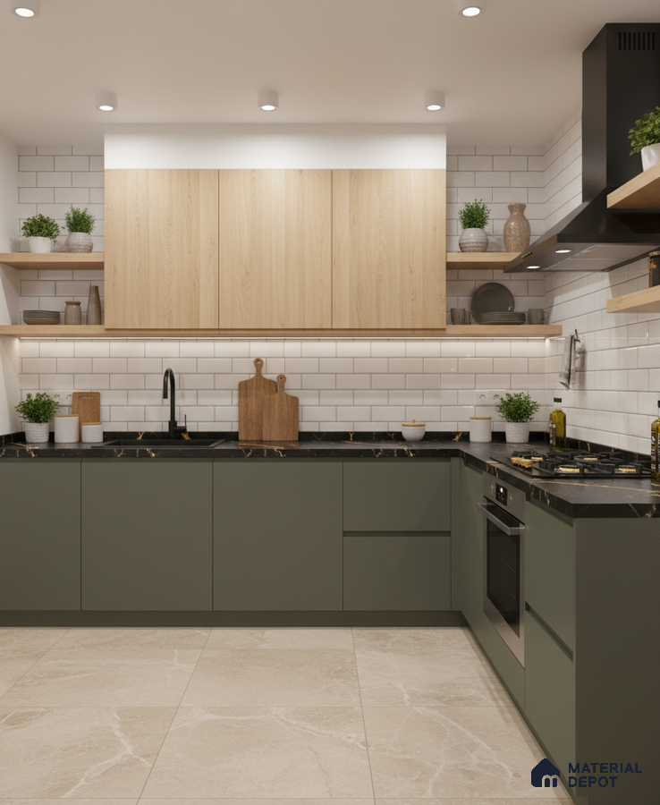 Scandinavian kitchen with olive green laminate, light oak laminate, and white subway tile backsplash in Bengaluru