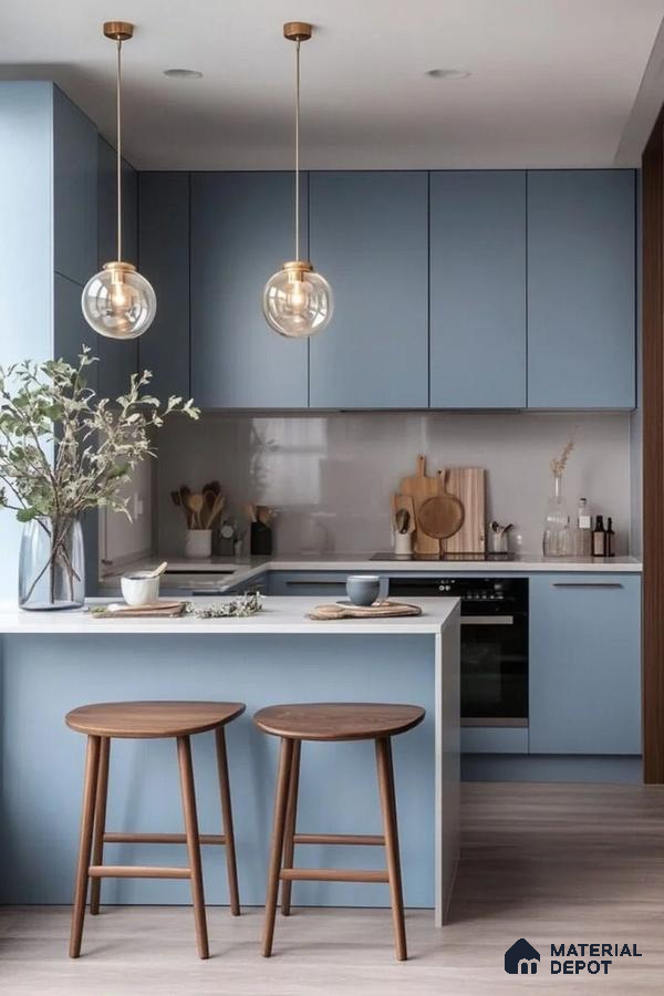 Scandinavian kitchen with pastel blue laminate cabinets, white quartz countertop, and light wood accents in Bengaluru | Material Depot