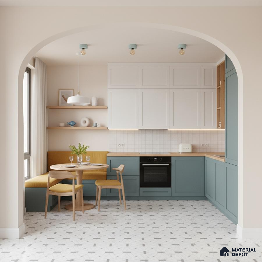 Scandinavian kitchen with pastel blue laminate cabinets, white solid laminate, and geometric patterned floor tiles in Bengaluru