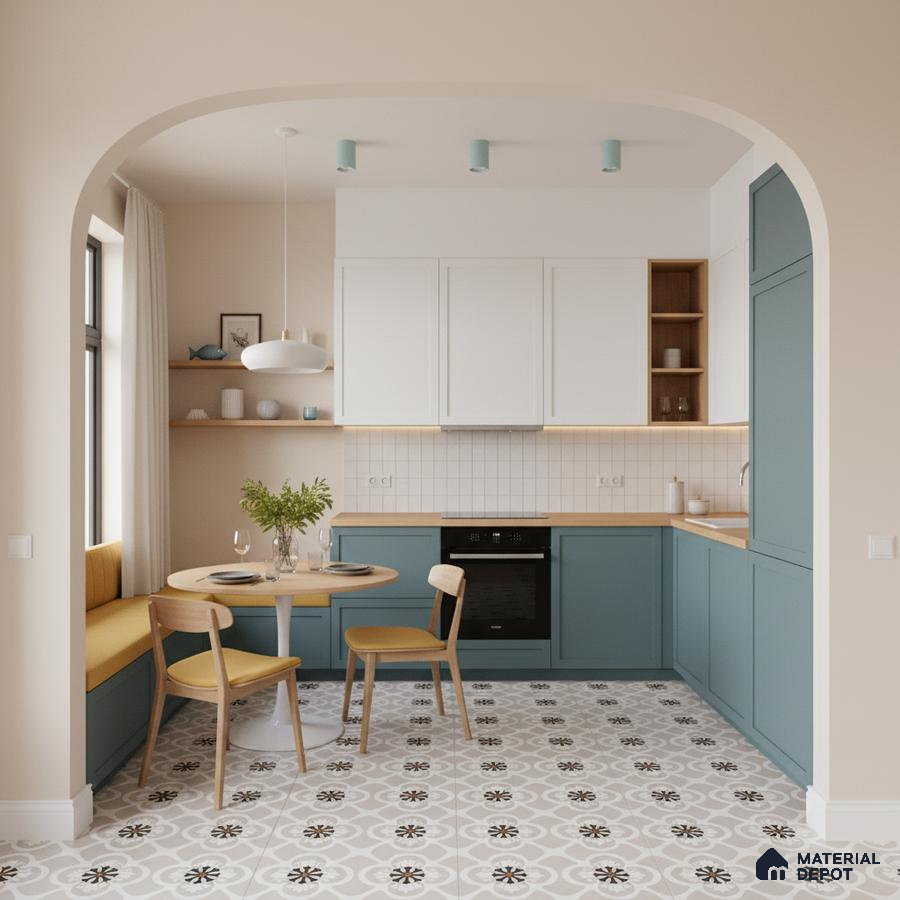 Scandinavian kitchen with pastel blue laminate cabinets, white subway backsplash tile, and patterned floor tiles in Bengaluru
