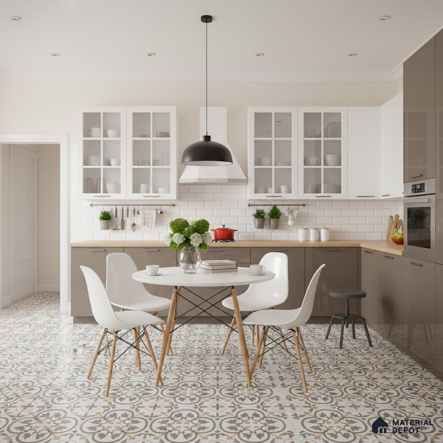 Scandinavian kitchen with patterned floor tiles, white subway backsplash, and taupe laminate cabinets in Bengaluru
