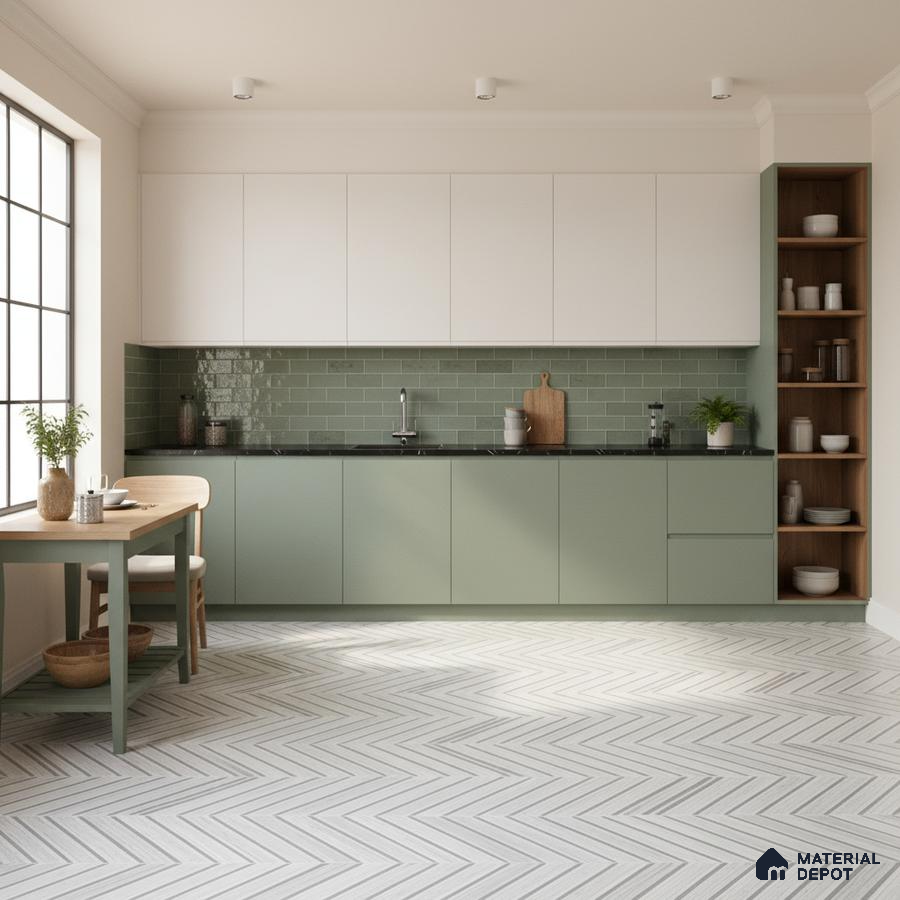 Scandinavian kitchen with sage green and white laminate, green subway tile backsplash, and herringbone patterned floor tile in Bengaluru