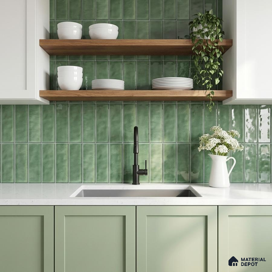 Scandinavian kitchen with sage green kitkat wall tiles, pastel green laminate cabinets, and white quartz countertop