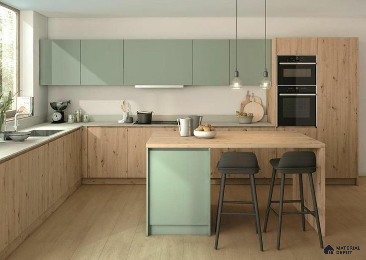 Scandinavian kitchen with sage green laminate and light oak wood laminate in Bengaluru | Material Depot