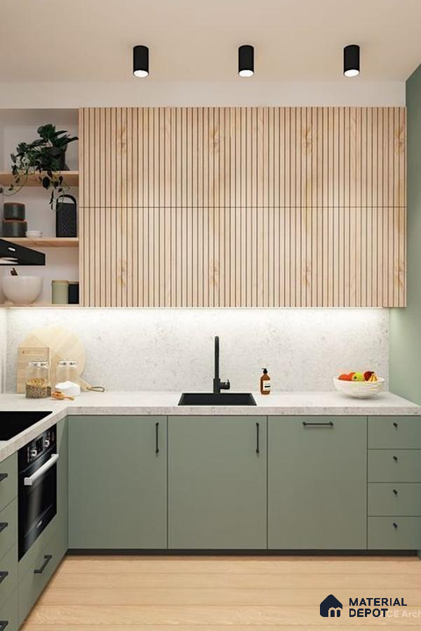 Scandinavian kitchen with sage green laminate cabinets, fluted wood upper shutters, and white quartz countertop in Bengaluru | Material Depot