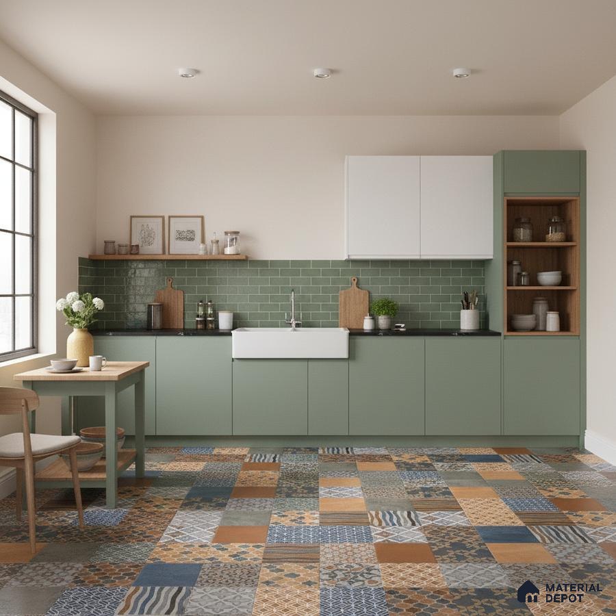 Scandinavian kitchen with sage green laminate cabinets, green subway tile backsplash, and multicolor patterned floor tiles in Bengaluru
