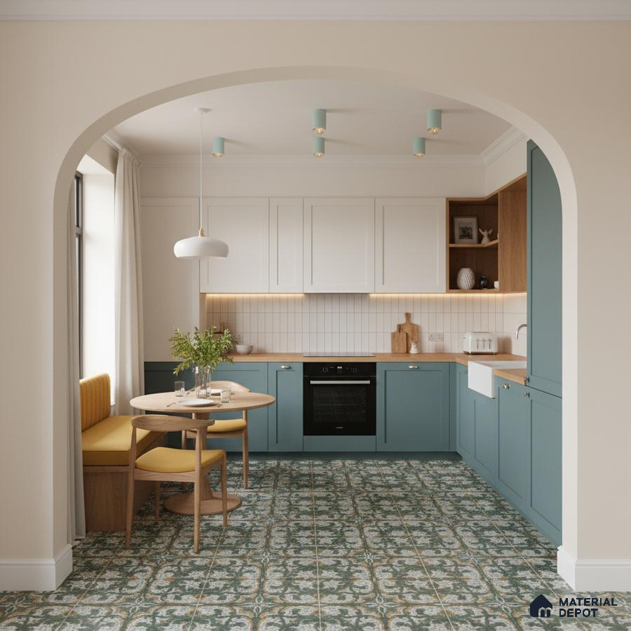 Scandinavian kitchen with sage green laminate cabinets, oak countertop, and patterned green floor tiles in Bengaluru