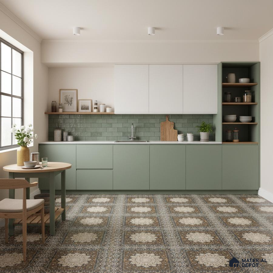Scandinavian kitchen with sage green laminate cabinets, white laminate shutters, green subway backsplash tile, and patterned vintage floor tiles in Bengaluru