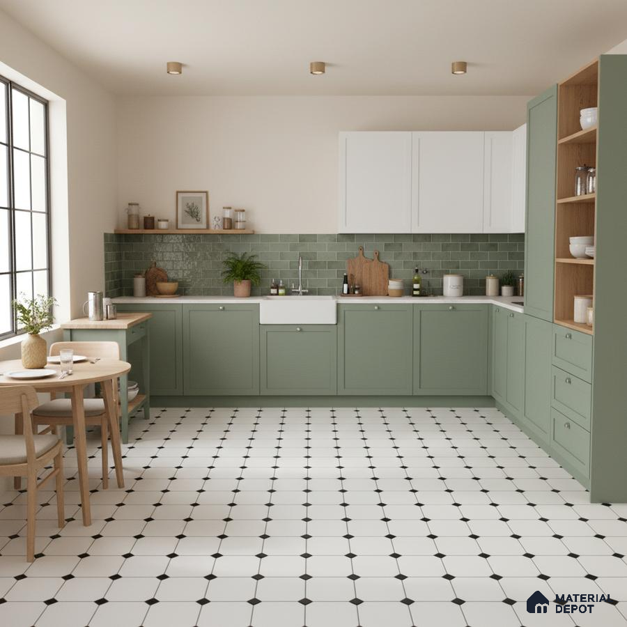 Scandinavian kitchen with sage green laminate cabinets, white quartz countertop, and green subway tile backsplash in Bengaluru