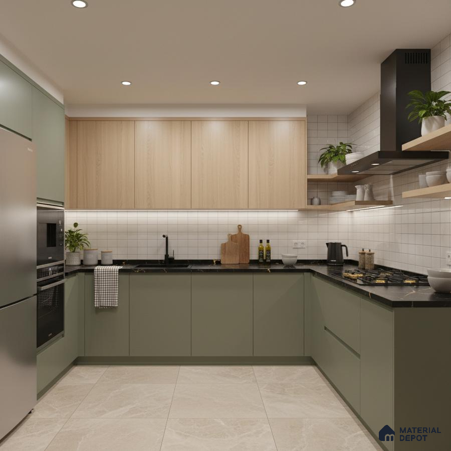 Scandinavian kitchen with sage green laminate, light oak laminate, and black quartz countertop in Bengaluru