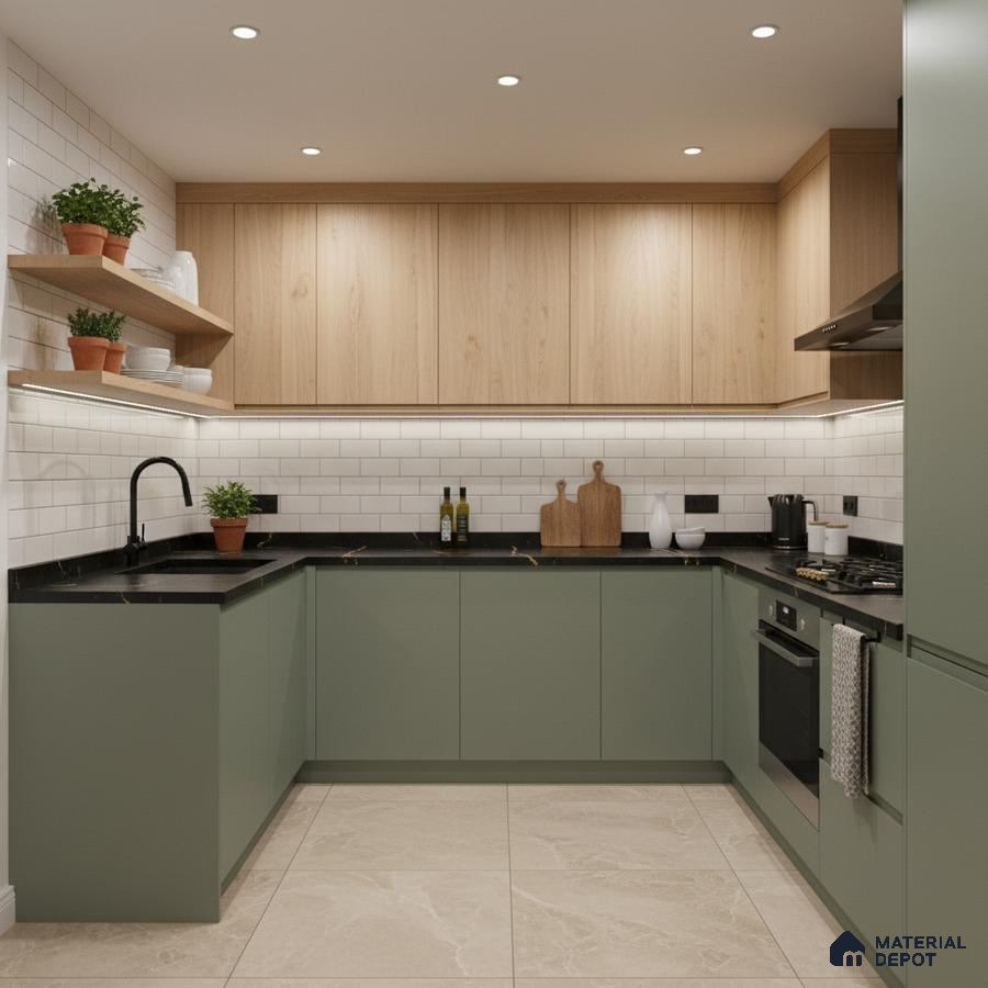 Scandinavian kitchen with sage green laminate, light oak laminate, and white subway tile backsplash in Bengaluru