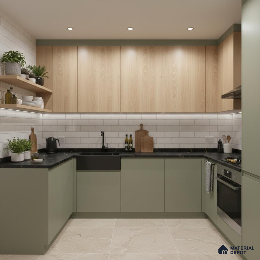 Scandinavian kitchen with sage green laminate, light oak laminate, and white subway tile backsplash in Bengaluru