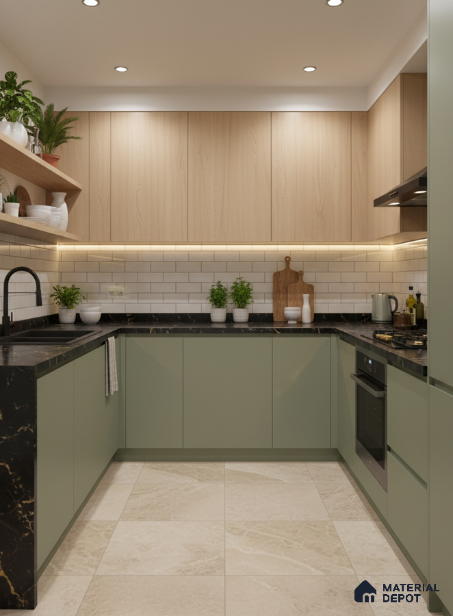 Scandinavian kitchen with sage green laminate, light oak laminate, black marble countertop, and subway tile backsplash in Bengaluru
