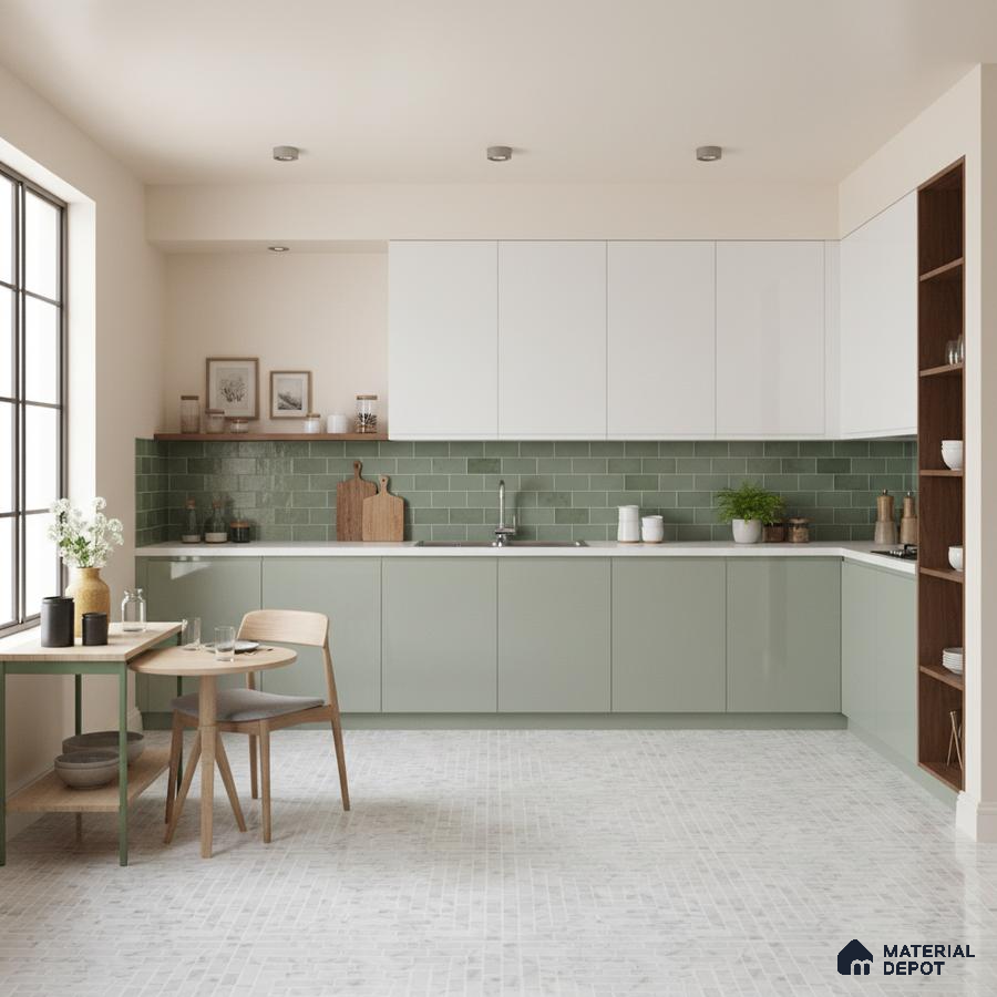 Scandinavian kitchen with sage green laminate, white laminate, and green subway tile backsplash in Bengaluru
