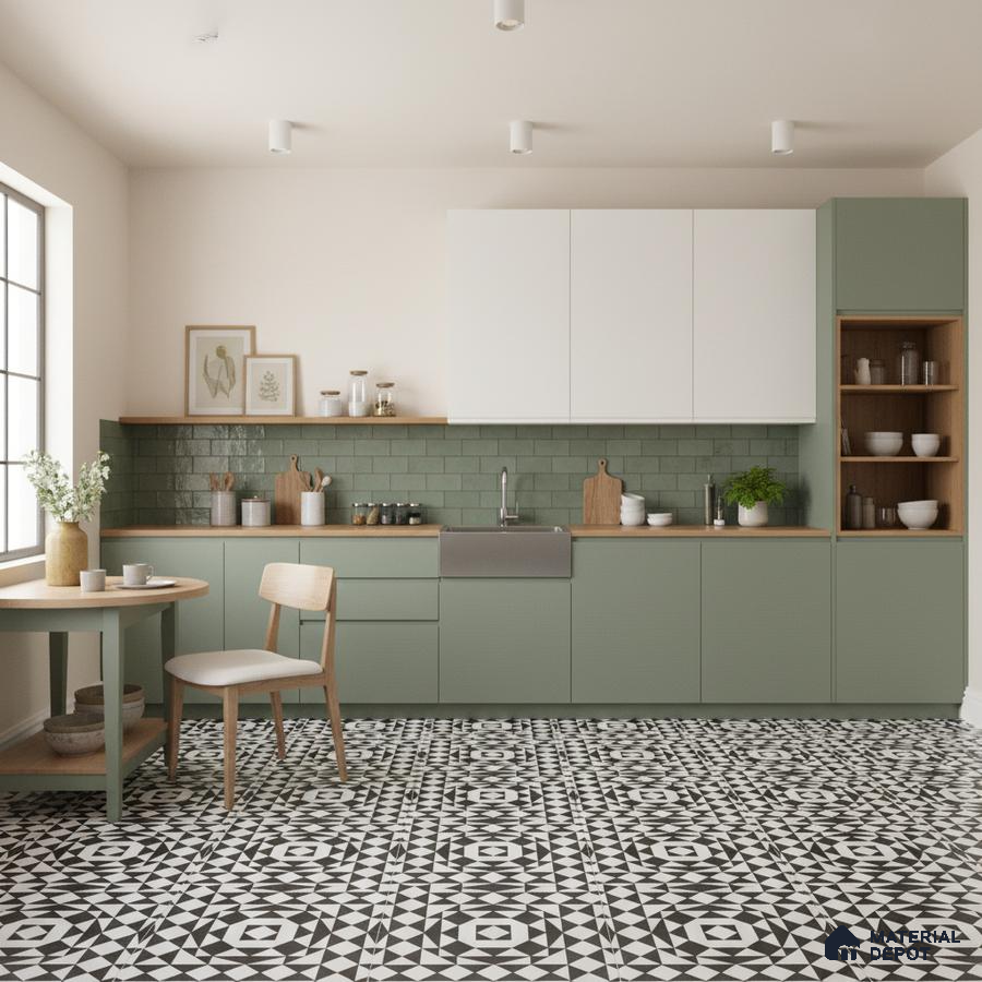 Scandinavian kitchen with sage green laminate, white upper cabinets, subway tile backsplash, and black-and-white geometric floor tiles in Bengaluru