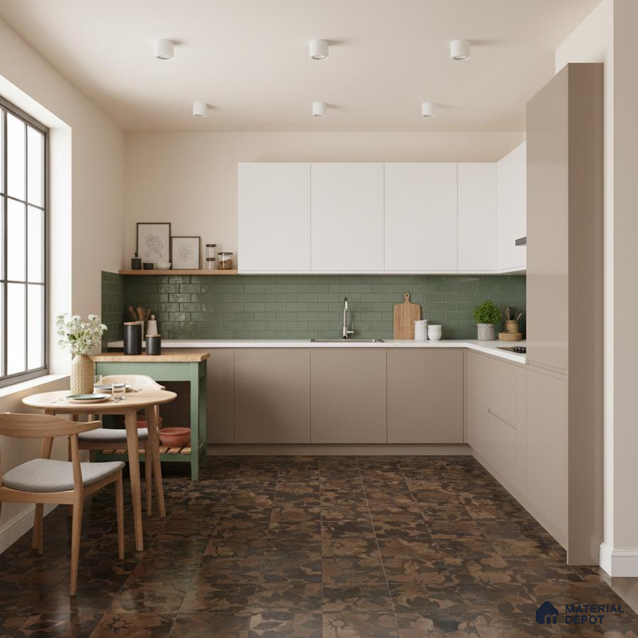 Scandinavian kitchen with sage green subway tile backsplash, beige laminate cabinets, and brown floral patterned floor tiles in Bengaluru