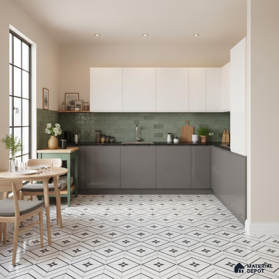 Scandinavian kitchen with sage green subway tile backsplash, white and grey laminate cabinets, geometric patterned floor tiles in Bengaluru