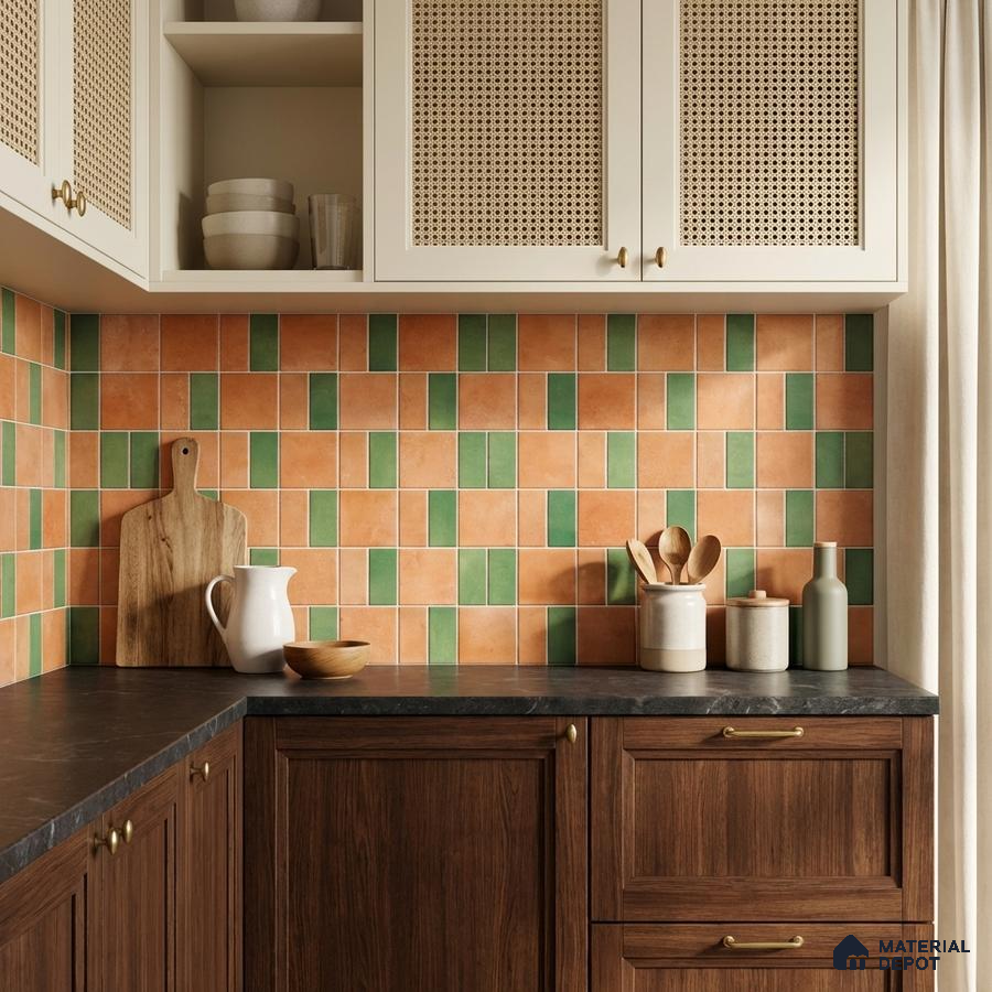 Scandinavian kitchen with terracotta and green backsplash tiles, dark stone countertop, and wood cabinets