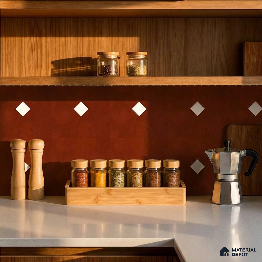 Scandinavian kitchen with terracotta geometric backsplash tile and white quartz countertop