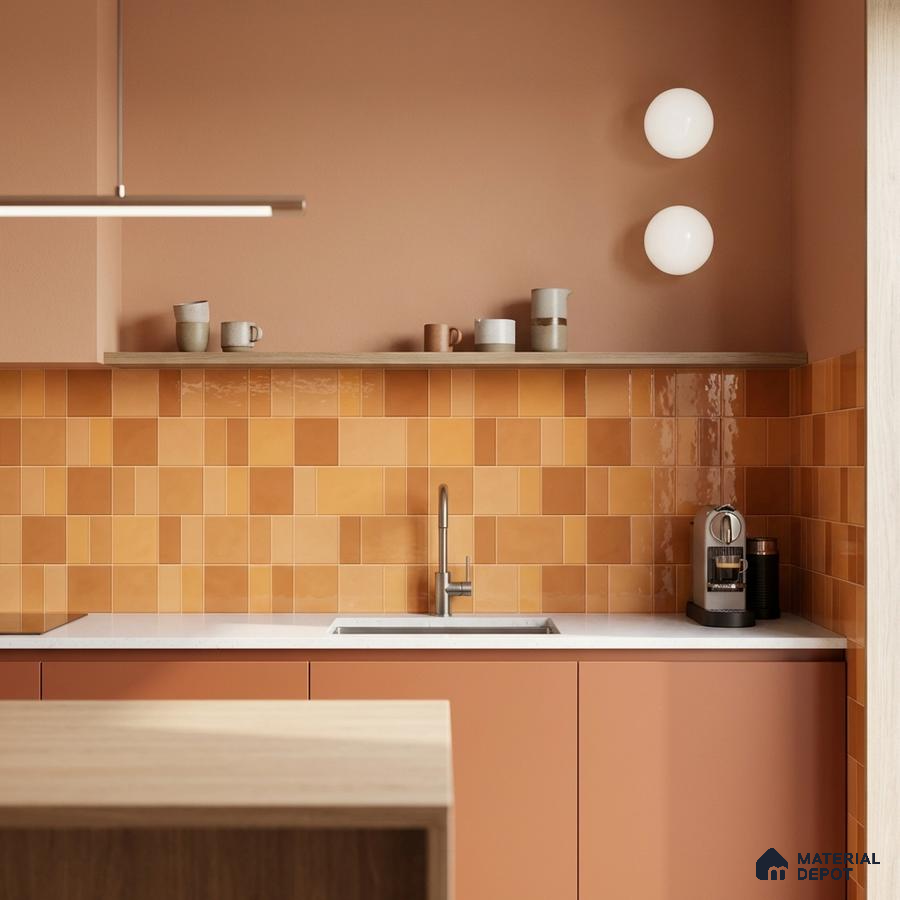Scandinavian kitchen with terracotta laminate cabinets and orange square backsplash tiles
