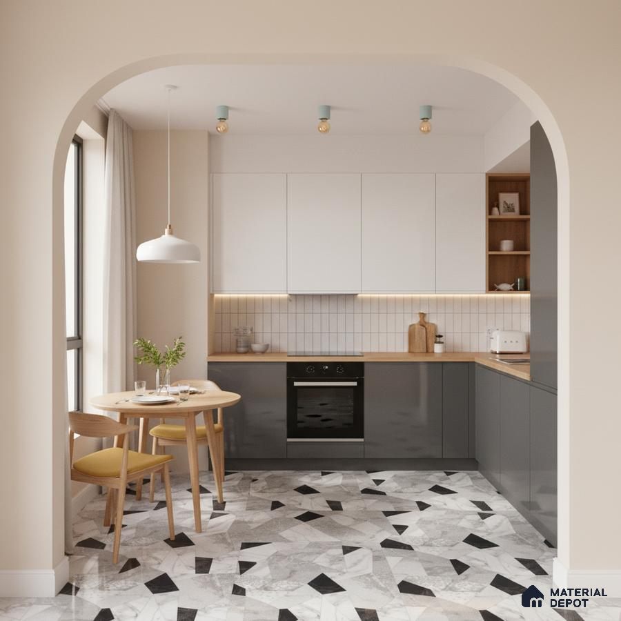 Scandinavian kitchen with white and grey laminate cabinets, wood countertop, and geometric marble-look floor tiles in Bengaluru