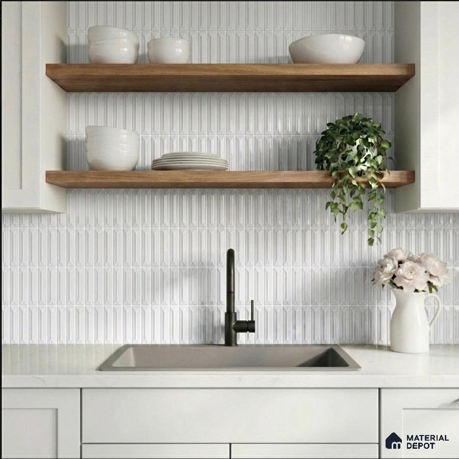 Scandinavian kitchen with white geometric backsplash tile, white quartz countertop, and natural wood open shelves