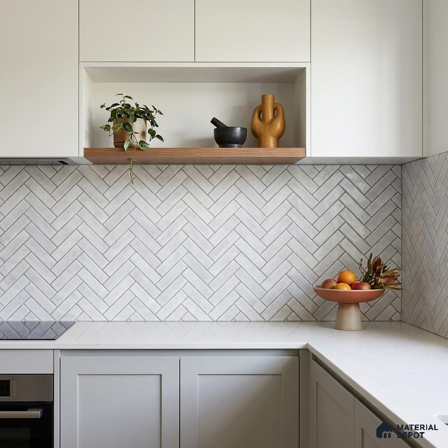 Scandinavian kitchen with white herringbone subway tile backsplash and frosty white laminate cabinets