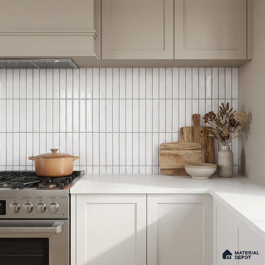 Scandinavian kitchen with white kitkat wall tiles and frosty white quartz countertop