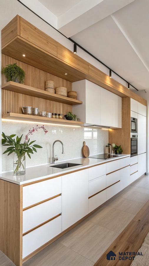 Scandinavian kitchen with white laminate cabinets, natural oak wood laminate, and fluted wood wall panels in Bengaluru | Material Depot