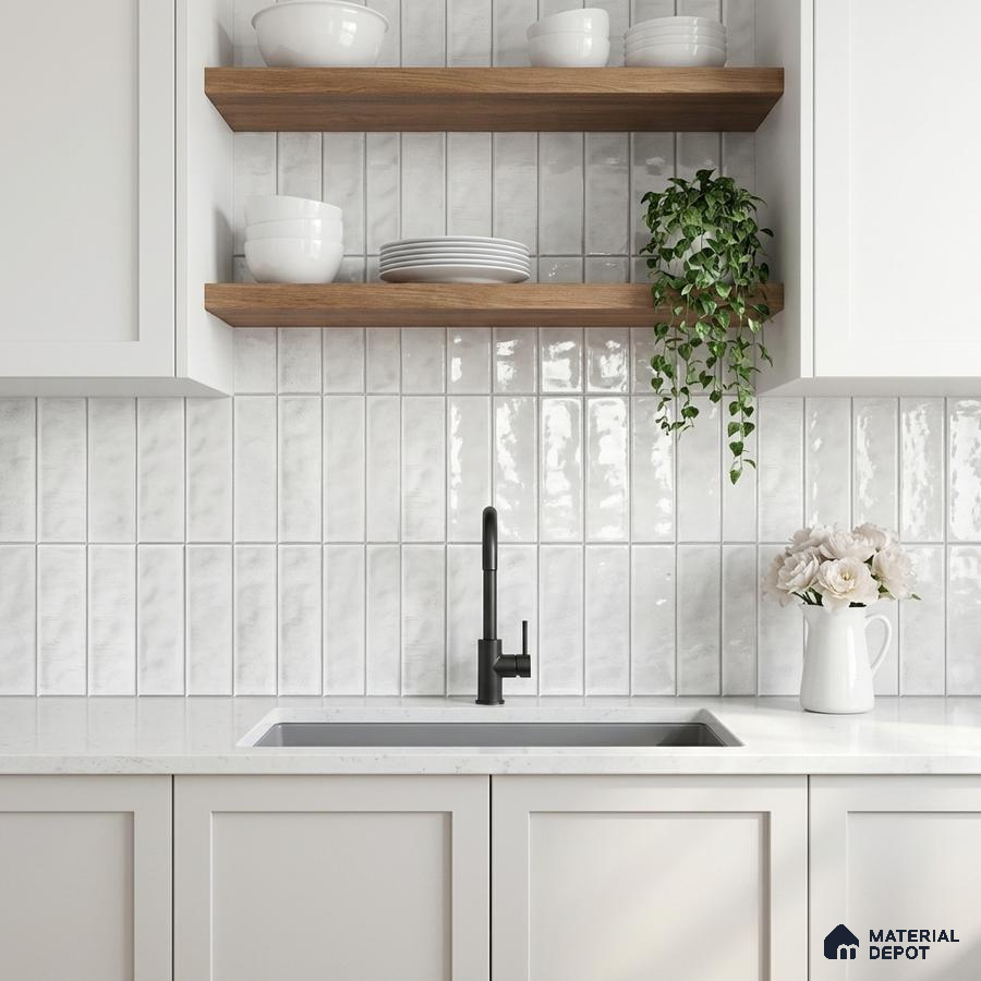 Scandinavian kitchen with white vertical subway backsplash tile, white quartz countertop, and oak open shelves