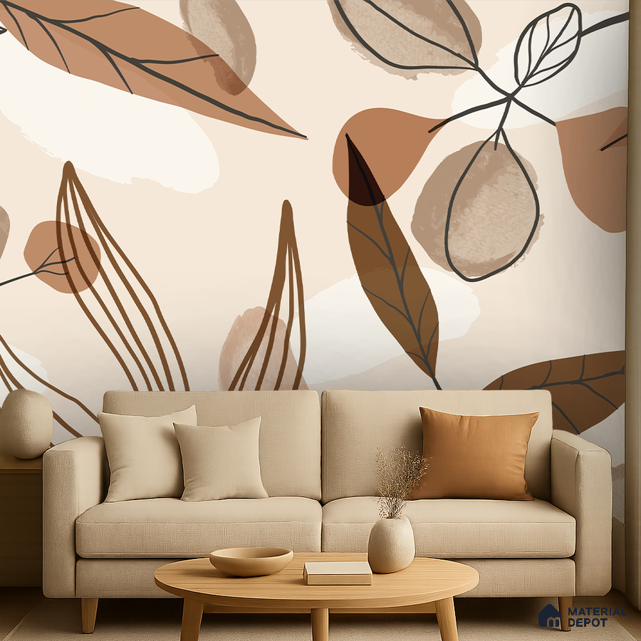 Scandinavian living room with abstract botanical wallpaper and beige fabric sofa in Bengaluru