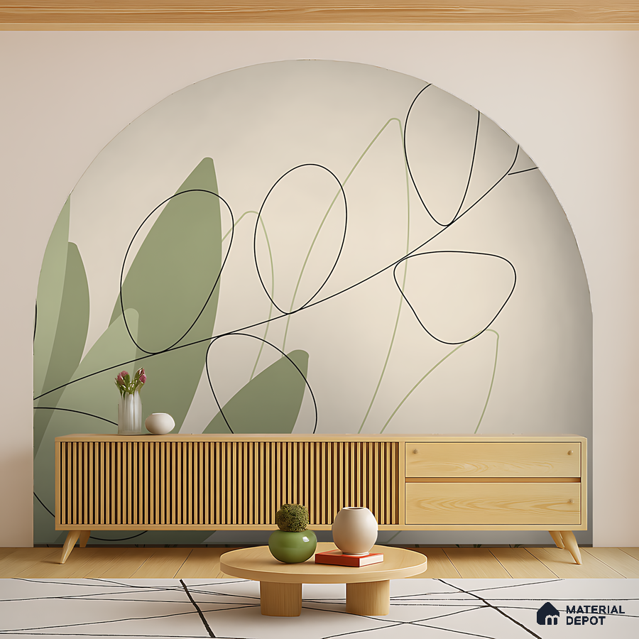 Scandinavian living room with abstract green wallpaper, light wood louver console, and pale wood flooring in Bengaluru