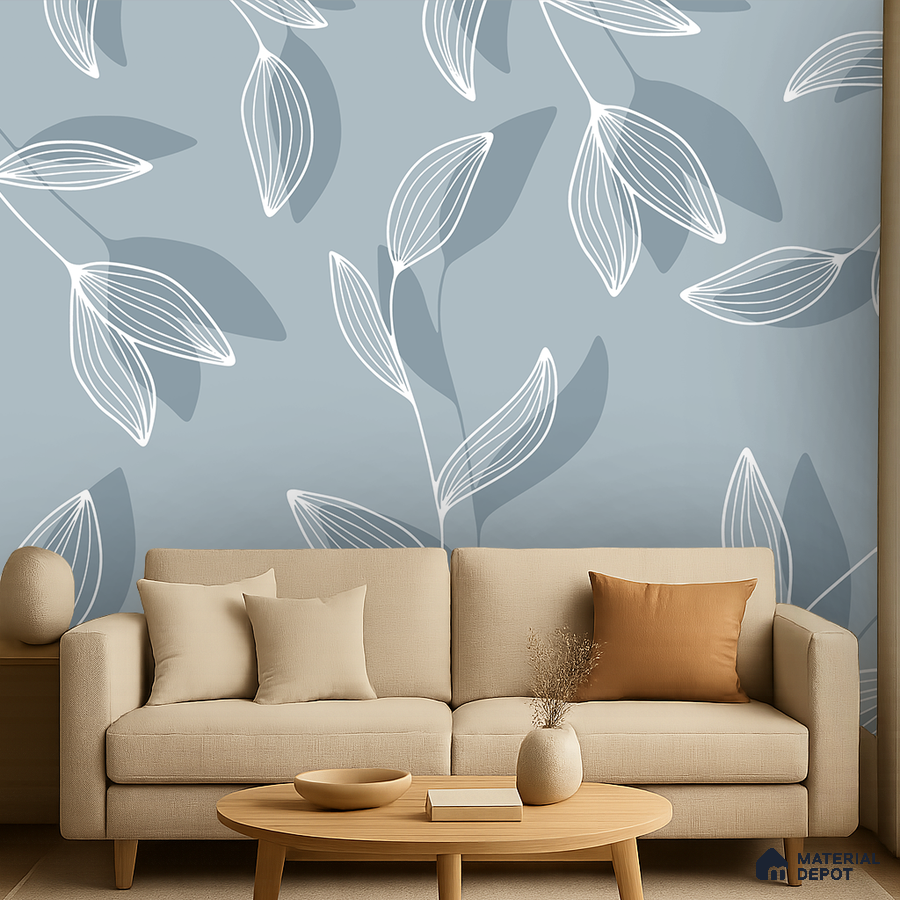 Scandinavian living room with beige fabric sofa and blue floral patterned wallpaper in Bengaluru