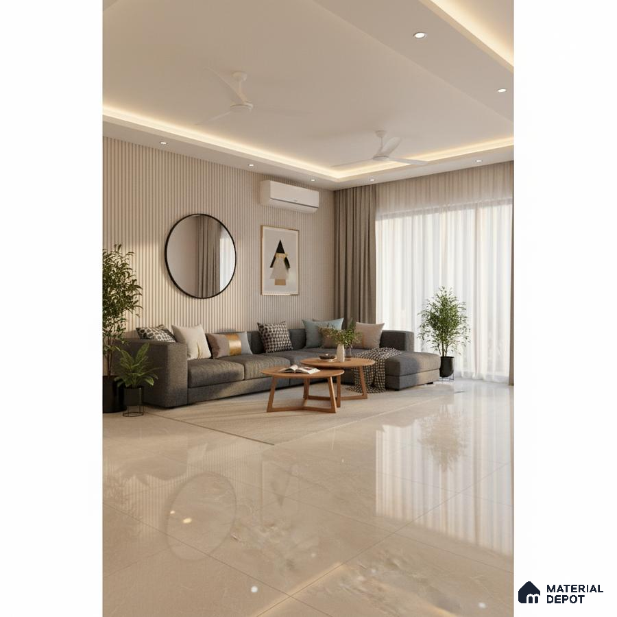 Scandinavian living room with beige marble floor tiles and fluted wall panels in Bengaluru