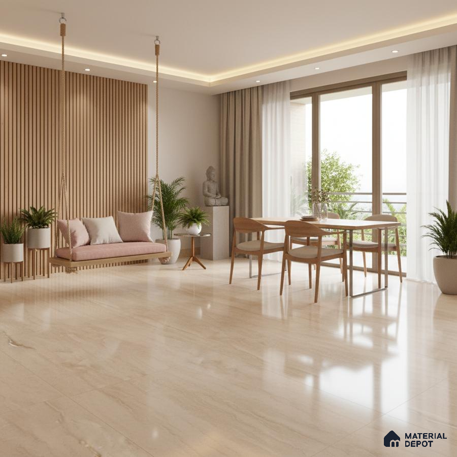 Scandinavian living room with beige marble floor tiles and light oak fluted wall panels in Bengaluru