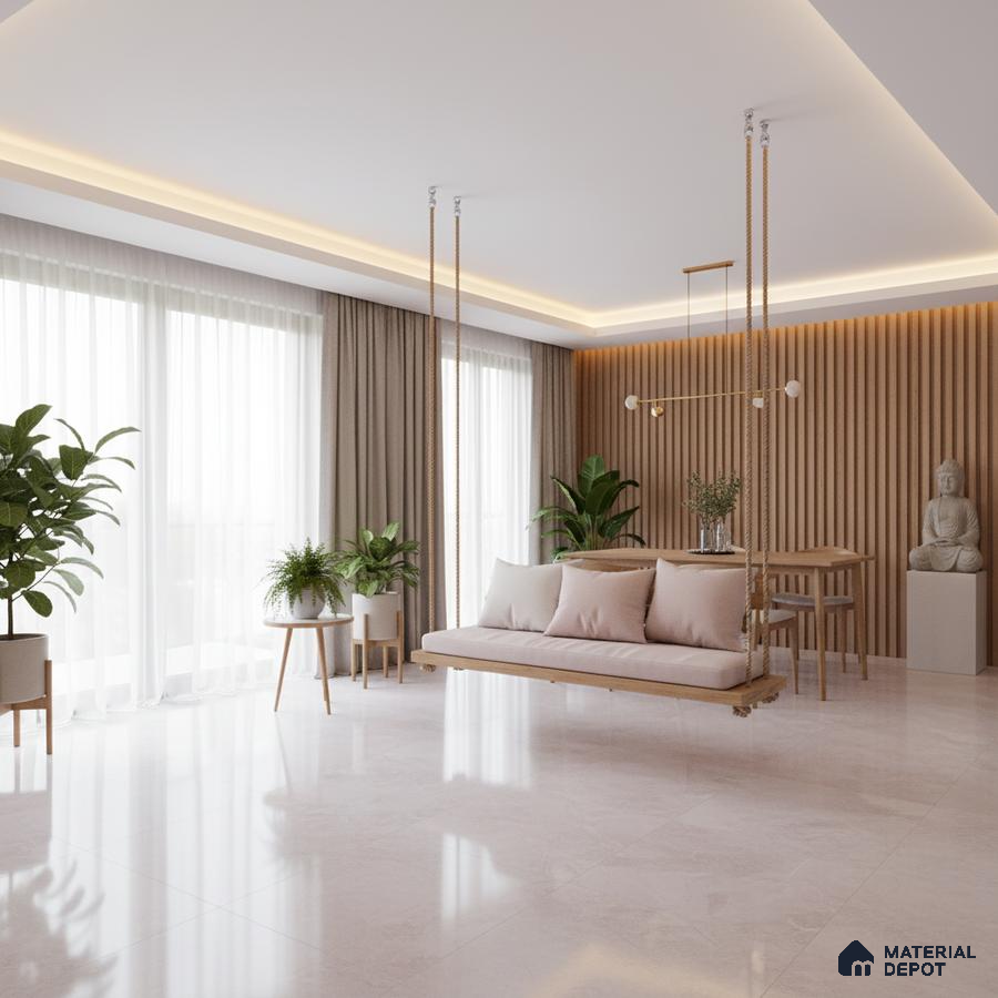 Scandinavian living room with beige marble floor tiles and natural wood fluted wall panels in Bengaluru