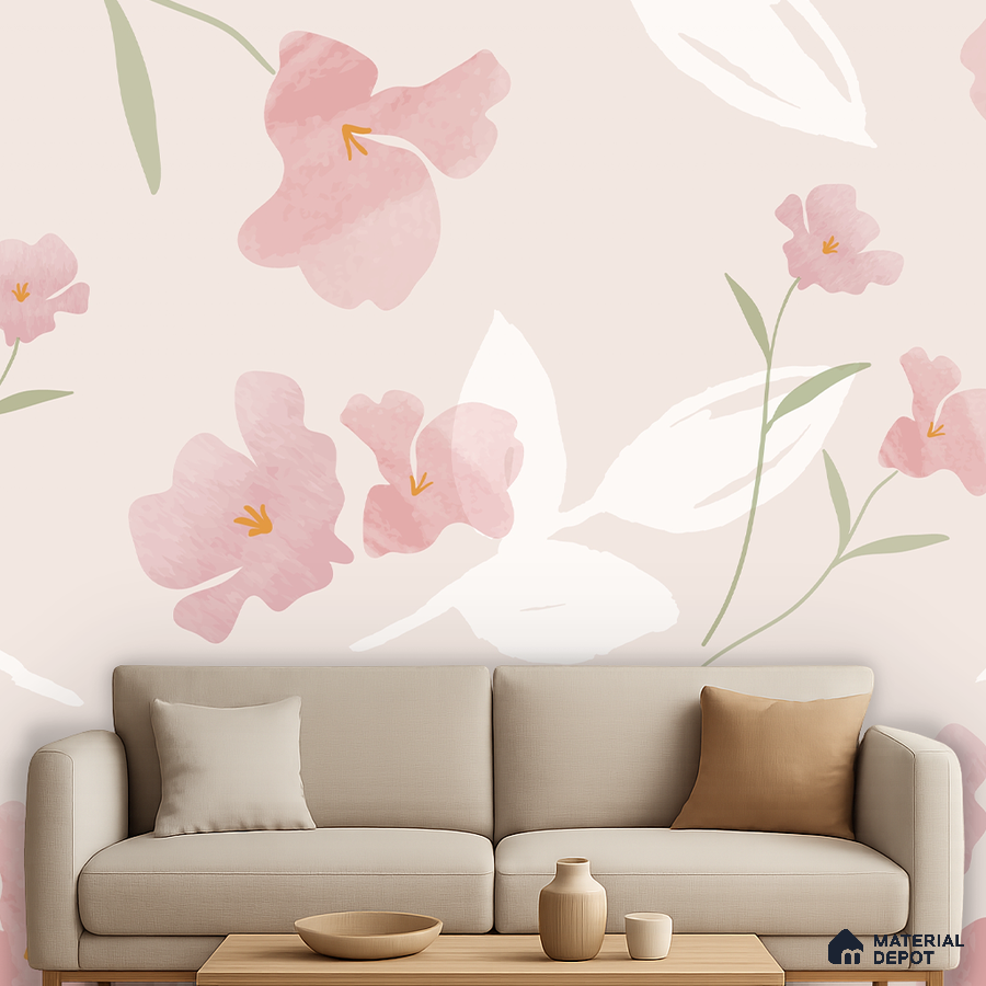 Scandinavian living room with beige sofa and pastel pink floral wallpaper in Bengaluru