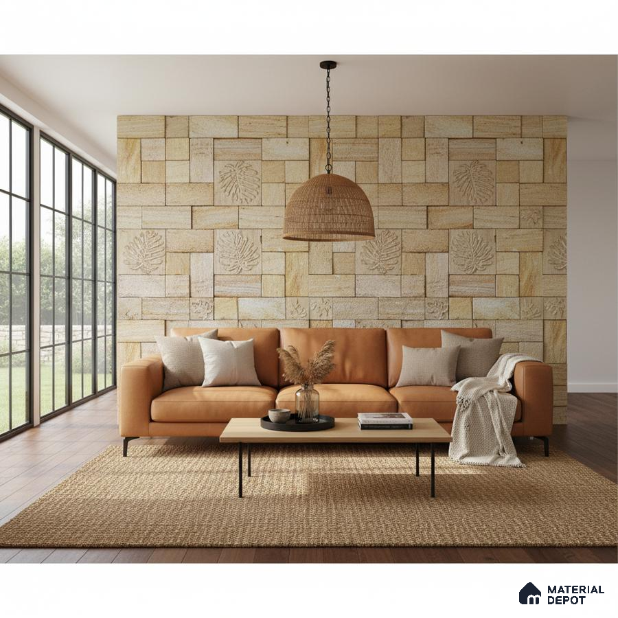 Scandinavian living room with beige stone cladding accent wall and tan leather sofa in Bengaluru
