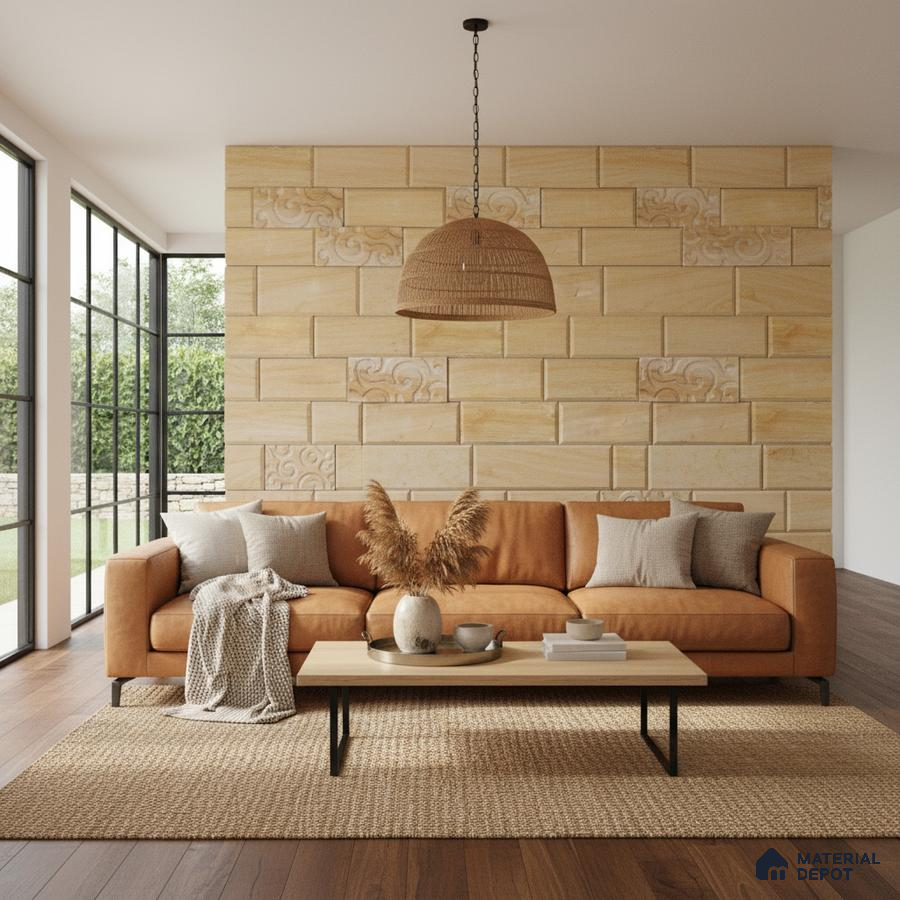 Scandinavian living room with beige stone cladding accent wall and tan leather sofa in Bengaluru