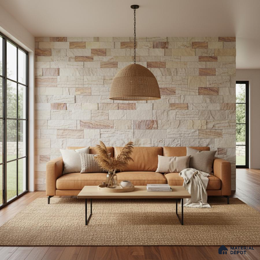 Scandinavian living room with beige stone cladding wall and tan leather sofa in Bengaluru