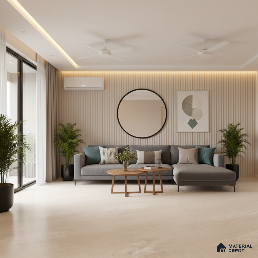 Scandinavian living room with beige wooden flooring and fluted wall panels in Bengaluru