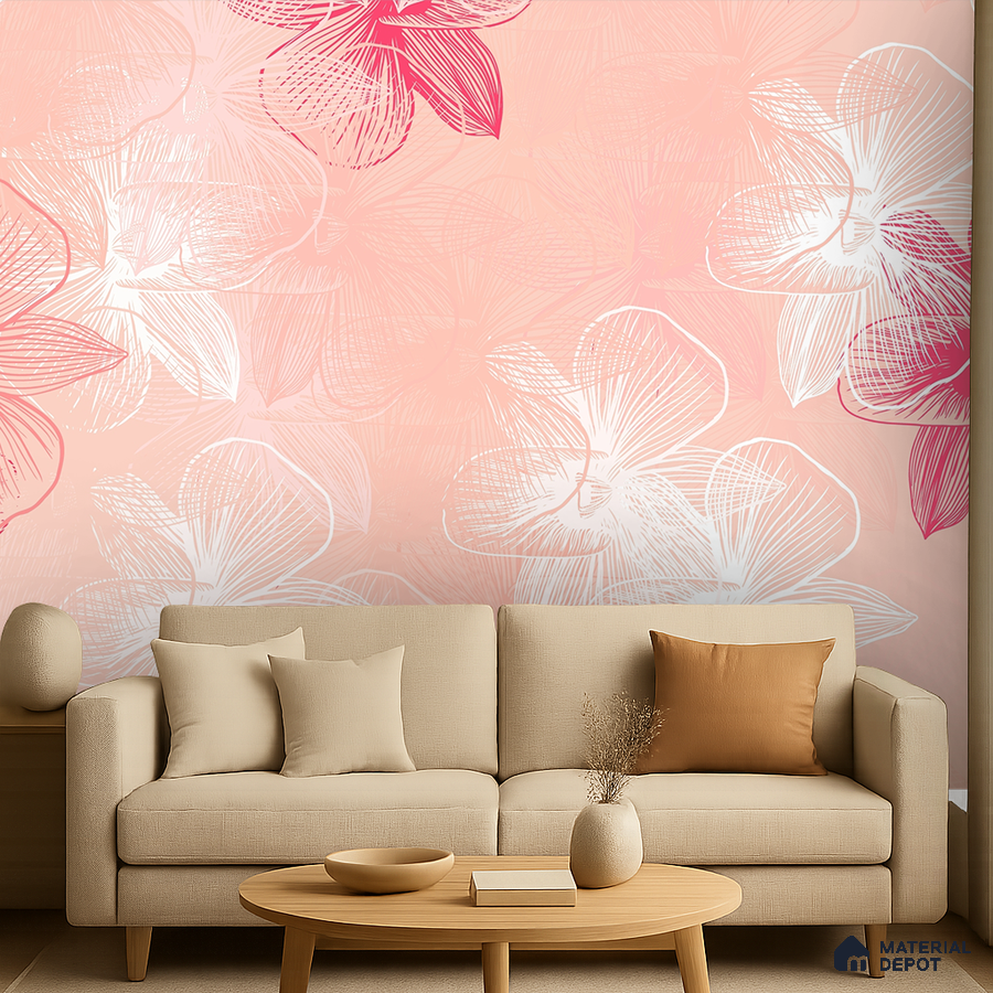Scandinavian living room with blush pink floral wallpaper and beige fabric sofa in Bengaluru