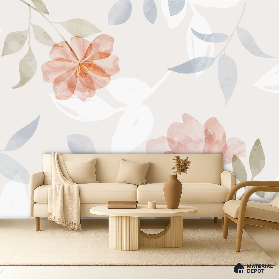 Scandinavian living room with floral wallpaper and beige fabric sofa in Bengaluru