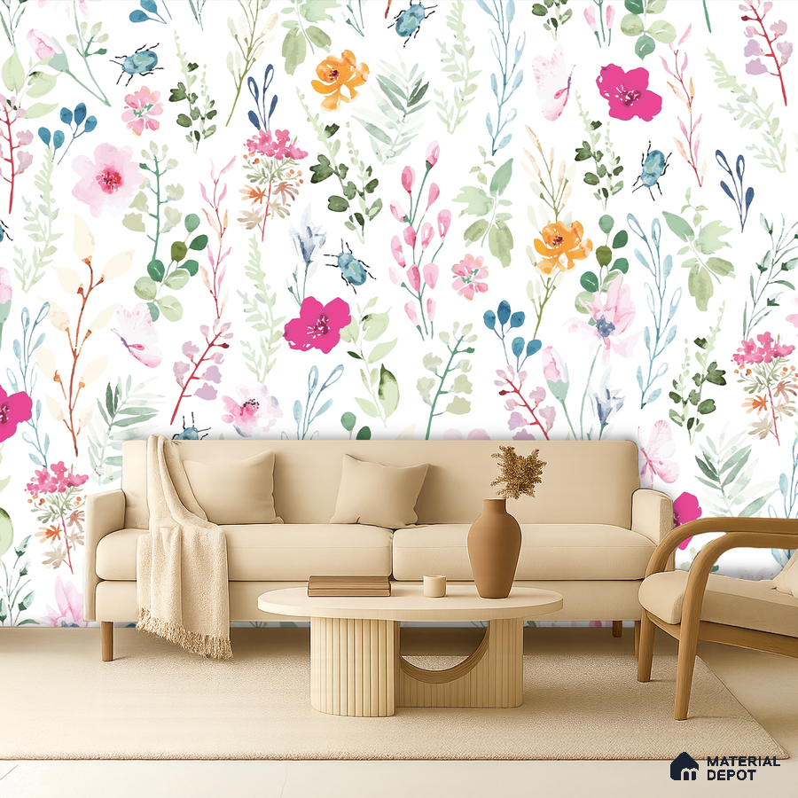 Scandinavian living room with floral wallpaper and beige upholstery in Bengaluru