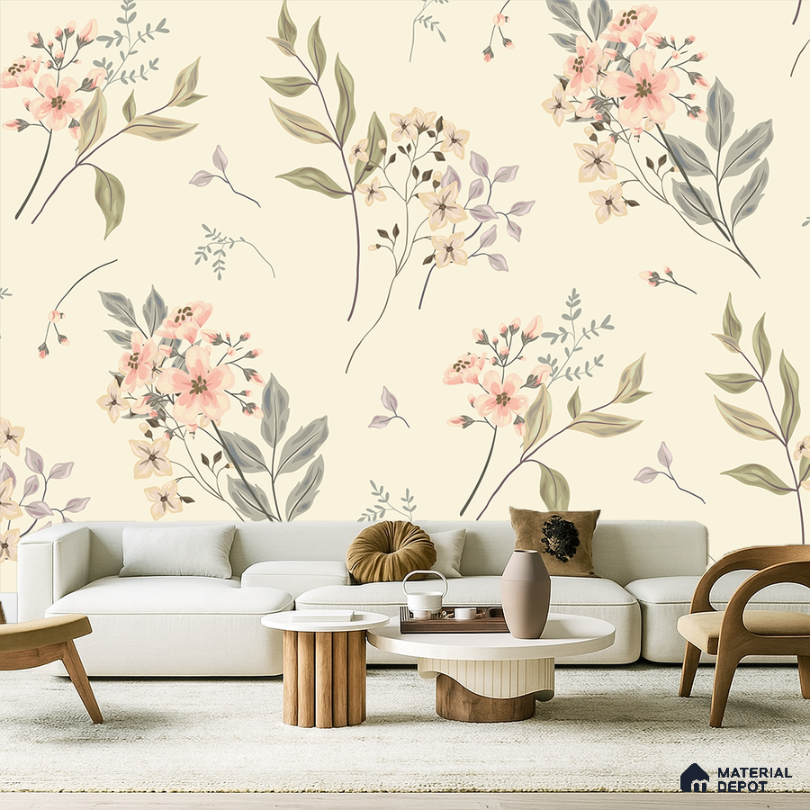 Scandinavian living room with floral wallpaper, light wood tables, and cream upholstery in Bengaluru